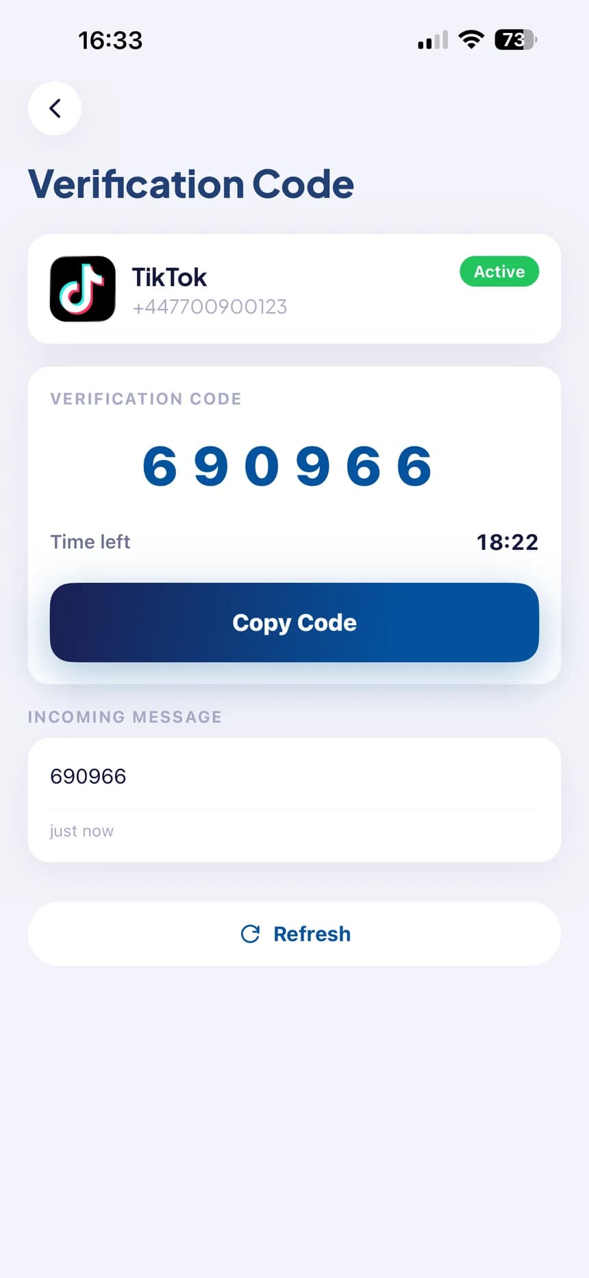 CodeInbox showing a received verification code, 690966, with a Copy Code button